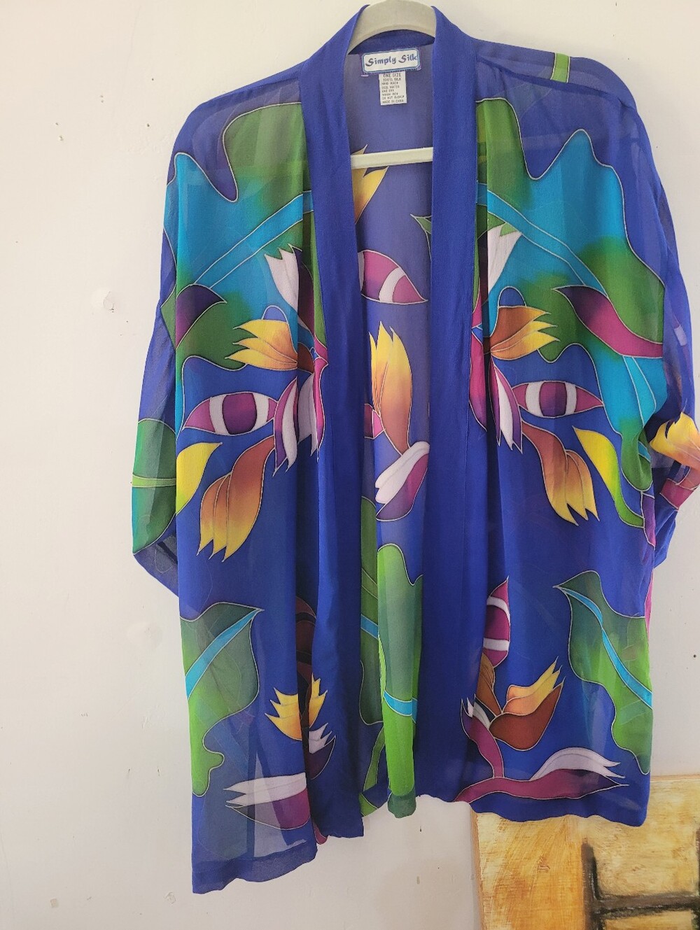 Simply Silk 2X/OS Women's Blue Floral Sheer Jacket 100% Silk Bird Of Paradise
